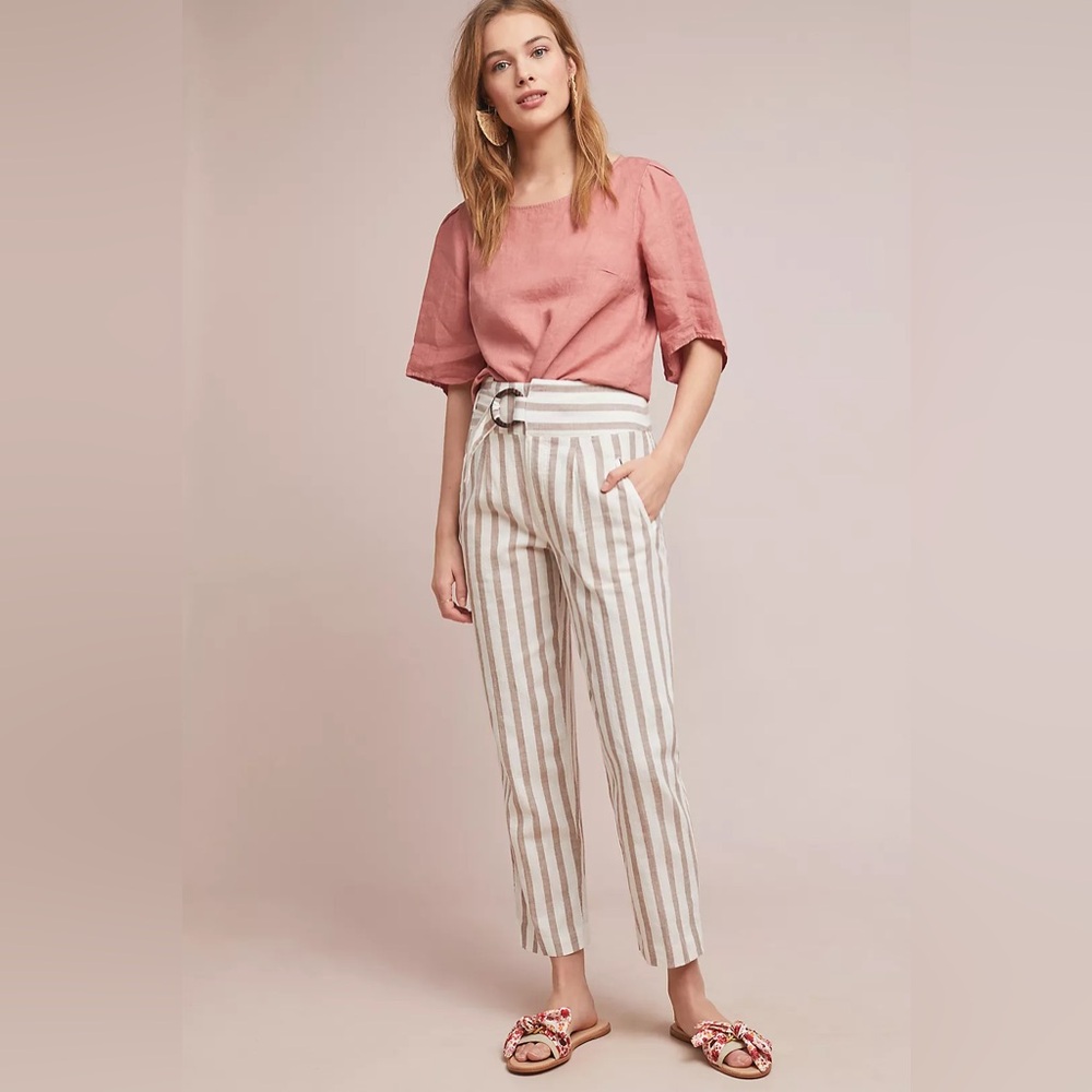 Anthropologie Striped High Waist Belted Linen Blend Tapered Pants‎ Tan White 4